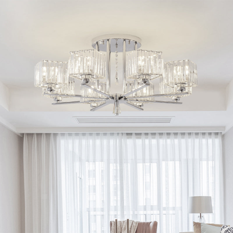 Modern Radial Design Chandelier with 6/8 Clear Crystal Bulbs and Cubic Shade Ceiling Lighting