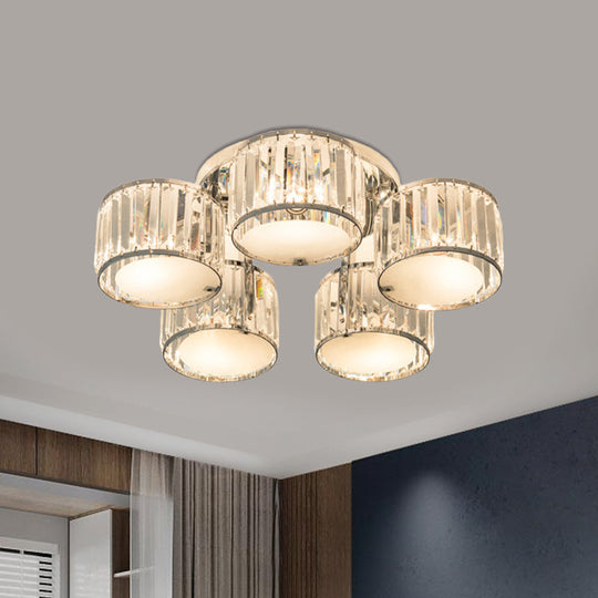 Modern Crystal Drum Shade Ceiling Mount Fixture - 5/6 Heads - Clear - Living Room Lamp