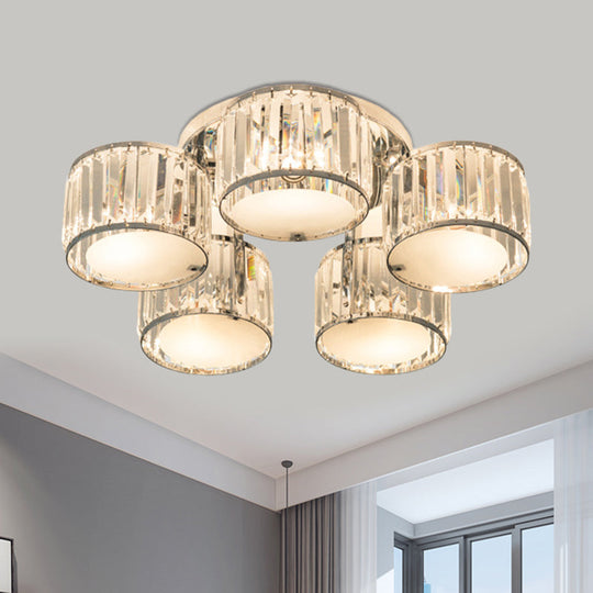 Modern Crystal Drum Shade Ceiling Mount Fixture - 5/6 Heads Clear Living Room Lamp