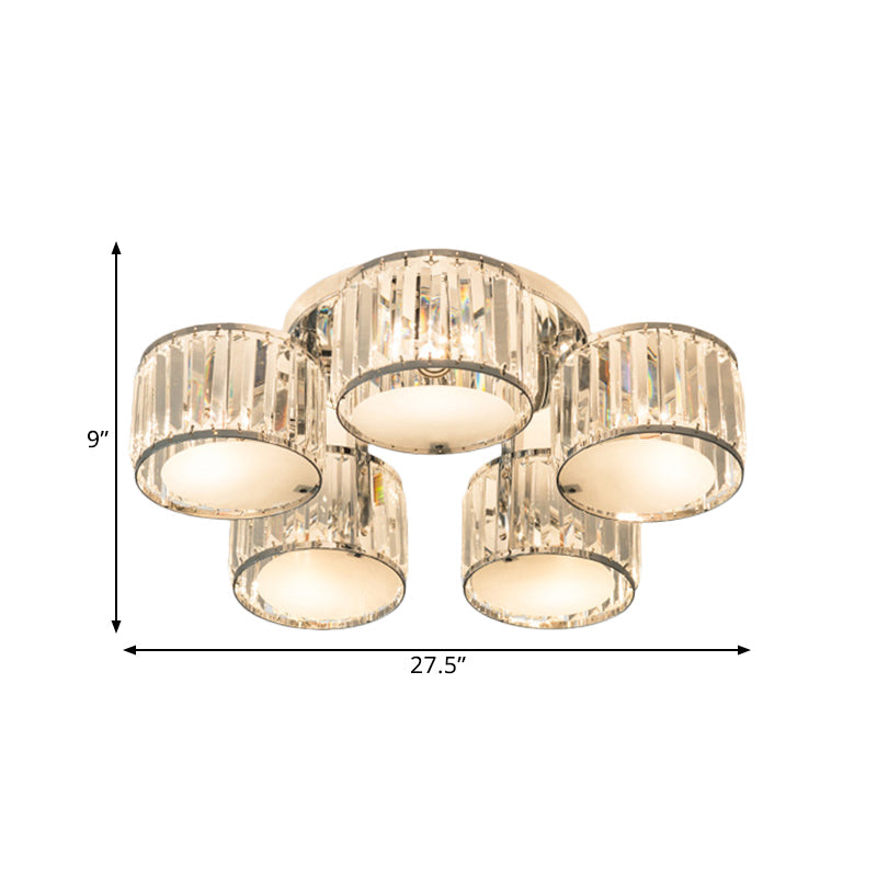 Modern Crystal Drum Shade Ceiling Mount Fixture - 5/6 Heads - Clear - Living Room Lamp