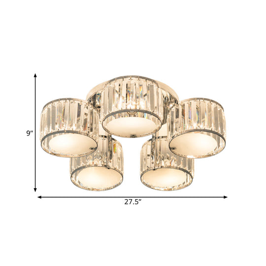 Modern Crystal Drum Shade Ceiling Mount Fixture - 5/6 Heads - Clear - Living Room Lamp