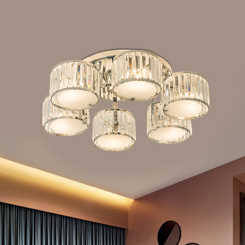 Modern Crystal Drum Shade Ceiling Mount Fixture - 5/6 Heads Clear Living Room Lamp