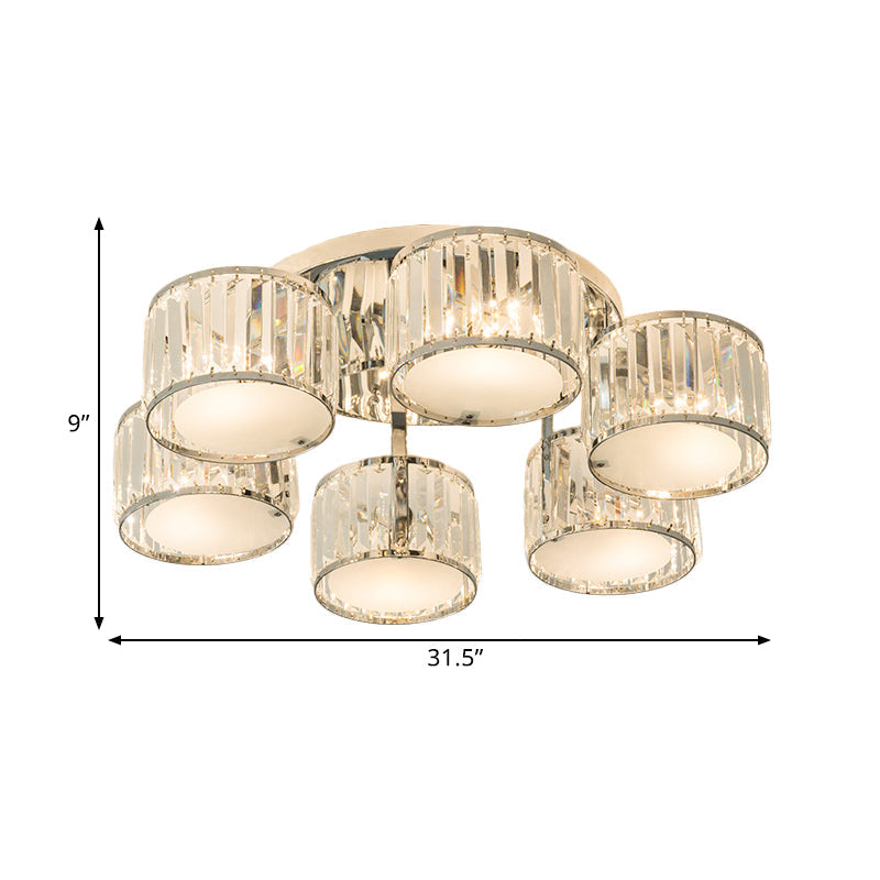 Modern Crystal Drum Shade Ceiling Mount Fixture - 5/6 Heads Clear Living Room Lamp