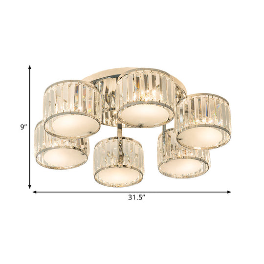 Modern Crystal Drum Shade Ceiling Mount Fixture - 5/6 Heads Clear Living Room Lamp