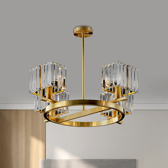 Modern Gold Semi Flush Chandelier with Crystal Cubic Shade - 4/6 Bulbs Ring Frame Flush Mount Lighting