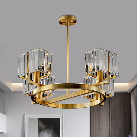 Modern Gold Semi Flush Chandelier with Crystal Cubic Shade - 4/6 Bulbs Ring Frame Flush Mount Lighting