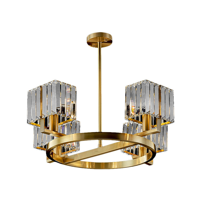 Modern Gold Semi Flush Chandelier with Crystal Cubic Shade - 4/6 Bulbs Ring Frame Flush Mount Lighting