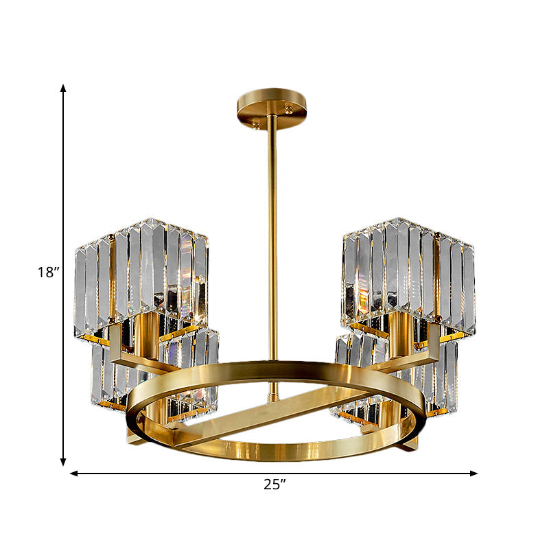 Modern Gold Semi Flush Chandelier with Crystal Cubic Shade - 4/6 Bulbs Ring Frame Flush Mount Lighting