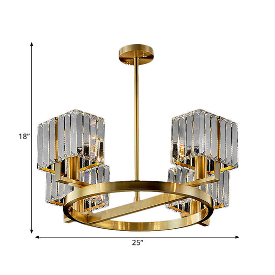 Modern Gold Semi Flush Chandelier with Crystal Cubic Shade - 4/6 Bulbs Ring Frame Flush Mount Lighting