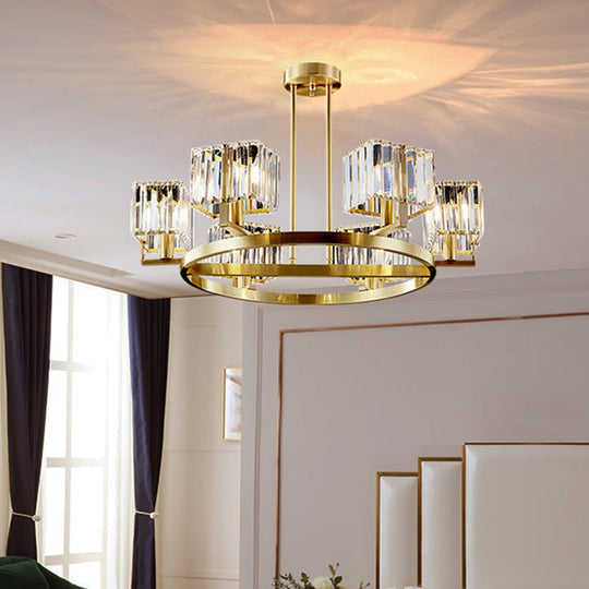 Modern Gold Semi Flush Chandelier with Crystal Cubic Shade - 4/6 Bulbs Ring Frame Flush Mount Lighting