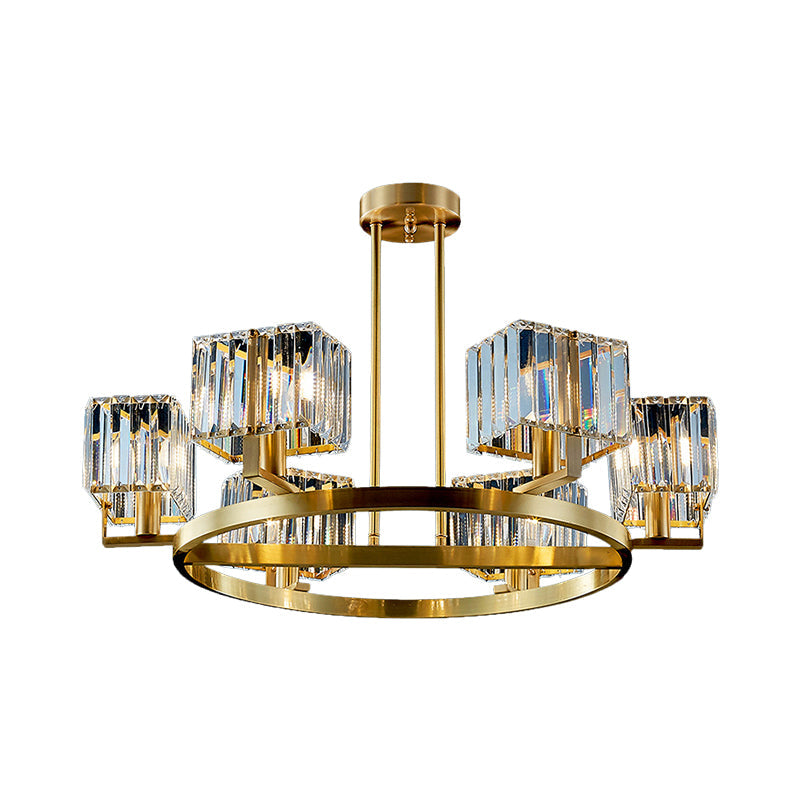 Modern Gold Semi Flush Chandelier with Crystal Cubic Shade - 4/6 Bulbs Ring Frame Flush Mount Lighting