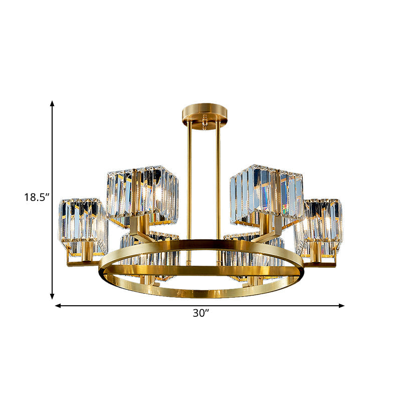 Modern Gold Semi Flush Chandelier with Crystal Cubic Shade - 4/6 Bulbs Ring Frame Flush Mount Lighting