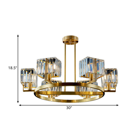 Modern Gold Semi Flush Chandelier With Crystal Cubic Shade - 4/6 Bulbs Ring Frame Mount Lighting