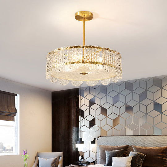 Contemporary Gold Round Bedroom Ceiling Fixture with Clear Crystal Blocks - Semi Flush, 4 Heads