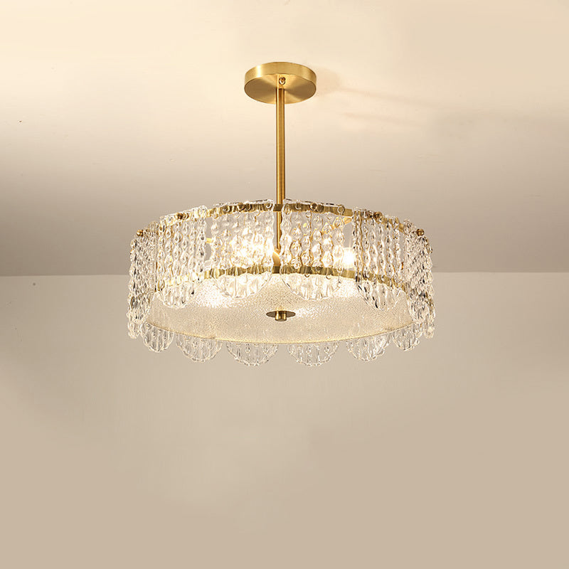 Contemporary Gold Round Bedroom Ceiling Fixture with Clear Crystal Blocks - Semi Flush, 4 Heads