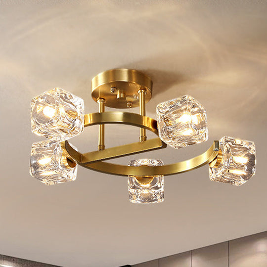 Contemporary Clear Crystal Ceiling Fixture with Semi-Flush Light, 5/7 Heads in Gold