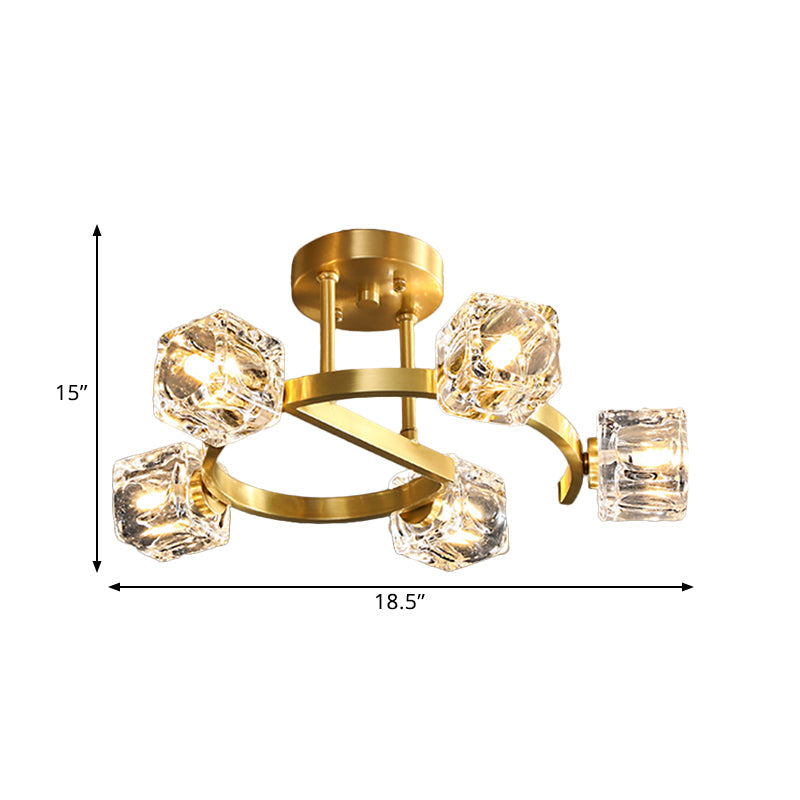 Contemporary Clear Crystal Ceiling Fixture with Semi-Flush Light, 5/7 Heads in Gold