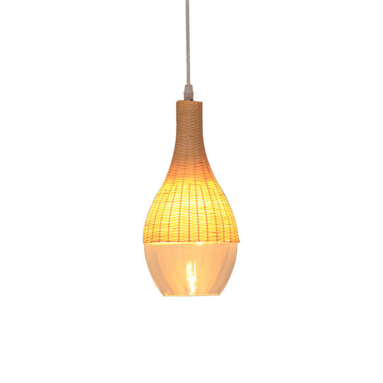 Modern Bamboo Hanging Pendant Light - 6"/10" Wide, Teardrop/Onion, Single Light, Yellow Suspension Lamp with Clear Glass Shade