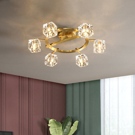 Modern Gold Ring Semi-Flush Mount Ceiling Light With Clear Crystal Cube Shade - 6/8 Bulbs Great Room