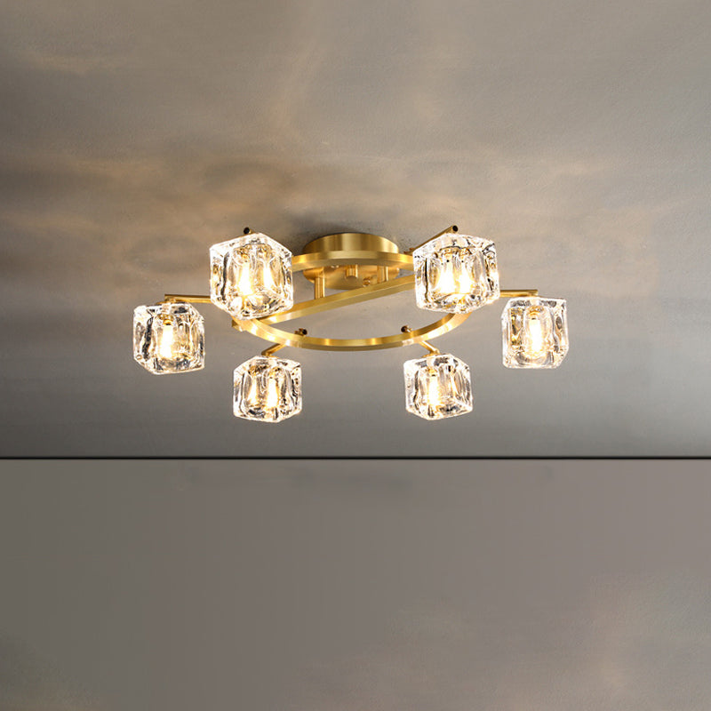 Modern Gold Ring Semi-Flush Mount Ceiling Light With Clear Crystal Cube Shade - 6/8 Bulbs Great Room