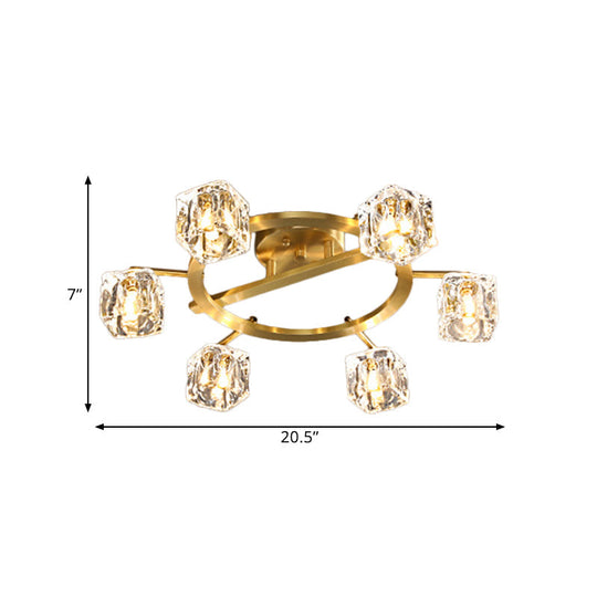 Modern Gold Ring Semi-Flush Mount Ceiling Light With Clear Crystal Cube Shade - 6/8 Bulbs Great Room