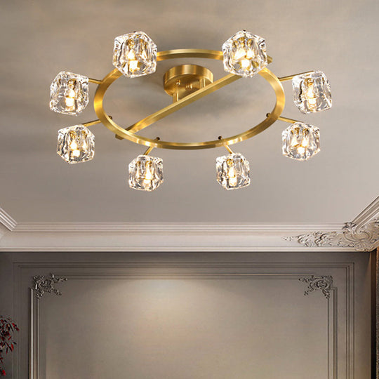 Modern Gold Ring Semi-Flush Mount Ceiling Light with Clear Crystal Cube Shade - 6/8 Bulbs - Great Room Illumination