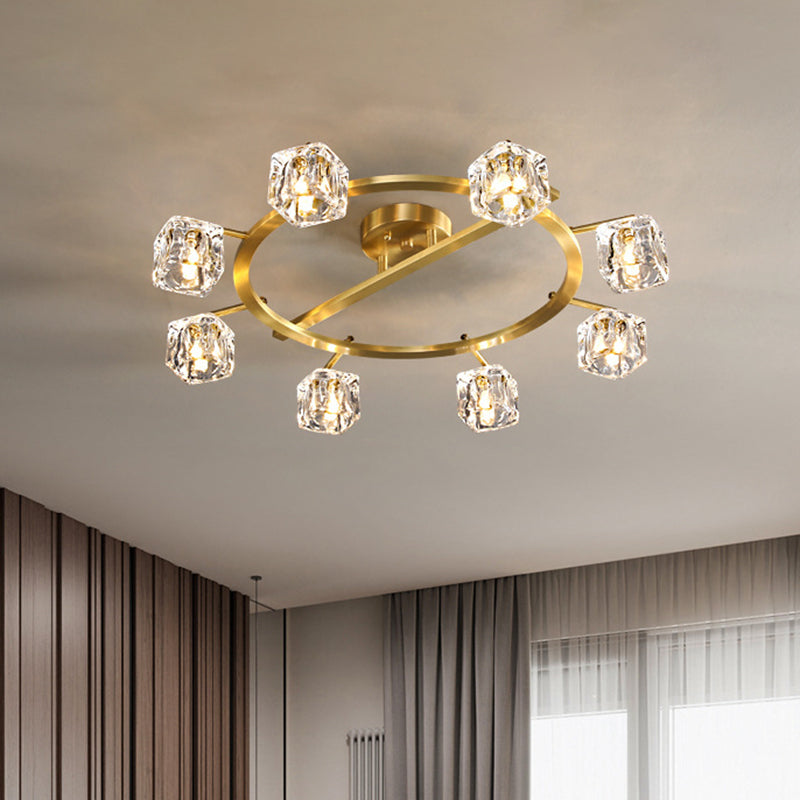 Modern Gold Ring Semi-Flush Mount Ceiling Light with Clear Crystal Cube Shade - 6/8 Bulbs - Great Room Illumination