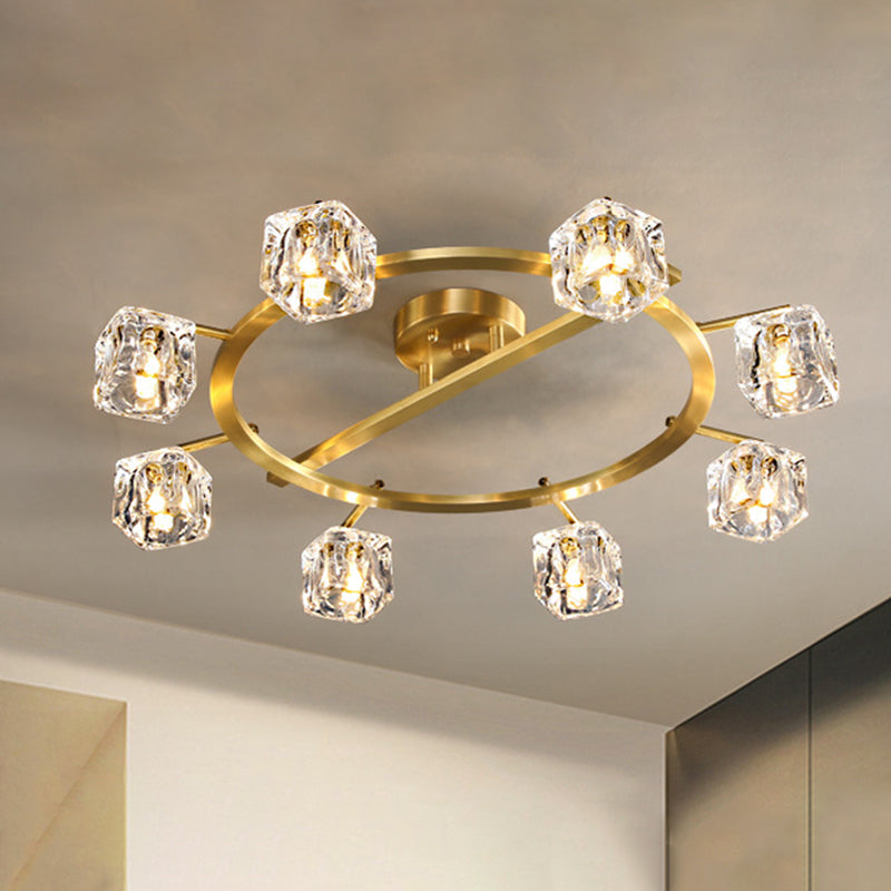 Modern Gold Ring Semi-Flush Mount Ceiling Light With Clear Crystal Cube Shade - 6/8 Bulbs Great Room