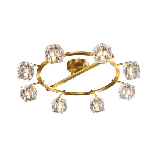 Modern Gold Ring Semi-Flush Mount Ceiling Light With Clear Crystal Cube Shade - 6/8 Bulbs Great Room