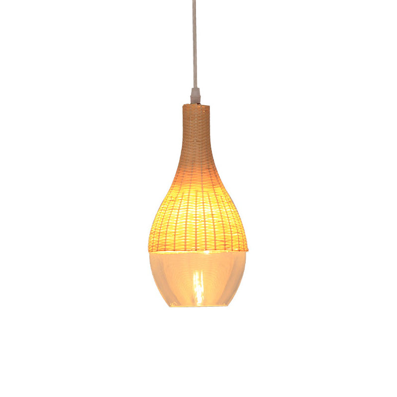 Bamboo Hanging Pendant Single Light Yellow Lamp With Clear Glass Shade - Teardrop/Onion Design 6/10