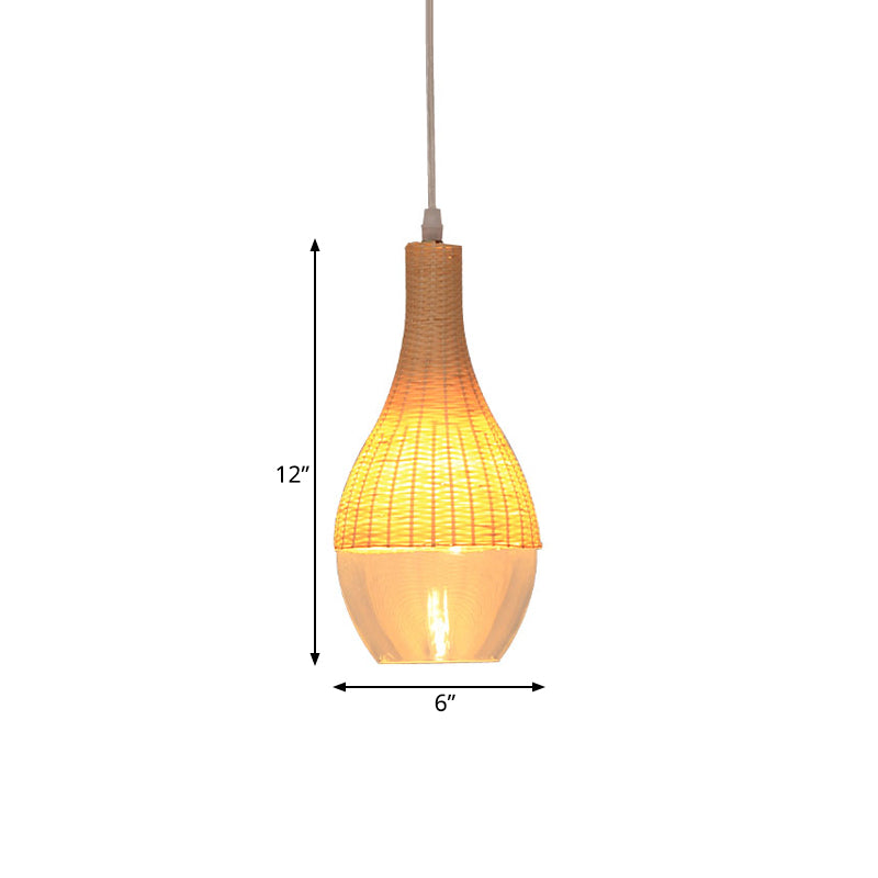 Modern Bamboo Hanging Pendant Light - 6"/10" Wide, Teardrop/Onion, Single Light, Yellow Suspension Lamp with Clear Glass Shade