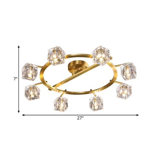 Modern Gold Ring Semi-Flush Mount Ceiling Light With Clear Crystal Cube Shade - 6/8 Bulbs Great Room