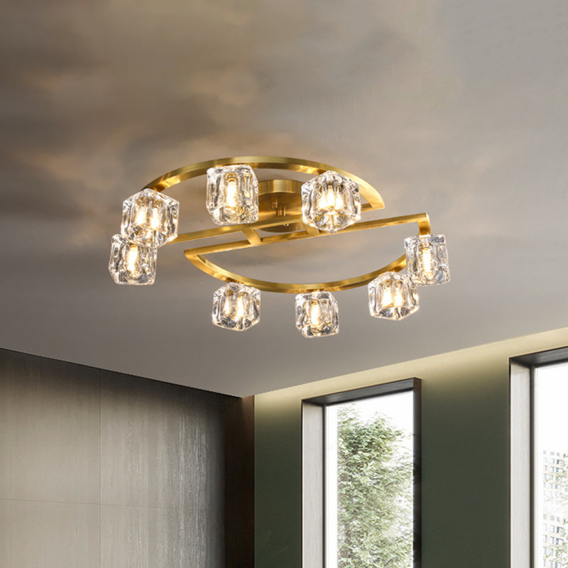 Modern Gold Semi Flush Mount with Clear Glass Shade -Semicircle Frame (6/8 heads)