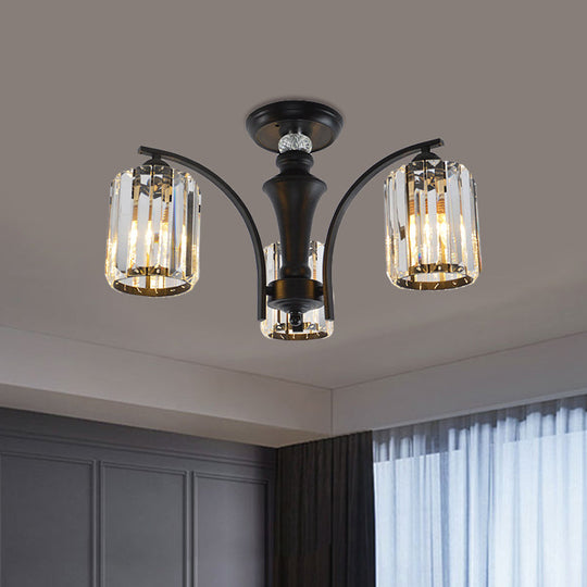 Semi Flush Clear Crystal Cylindrical Shade Light Fixture - 3/6 Bulbs, Modern Design, Black Ceiling