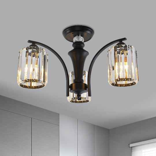 Semi Flush Clear Crystal Cylindrical Shade Light Fixture - 3/6 Bulbs, Modern Design, Black Ceiling