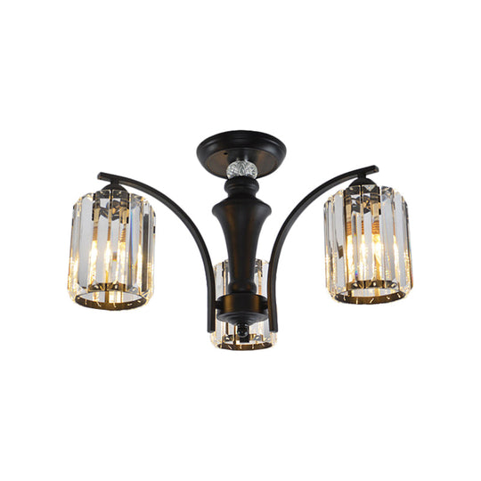 Semi Flush Clear Crystal Cylindrical Shade Light Fixture - 3/6 Bulbs, Modern Design, Black Ceiling