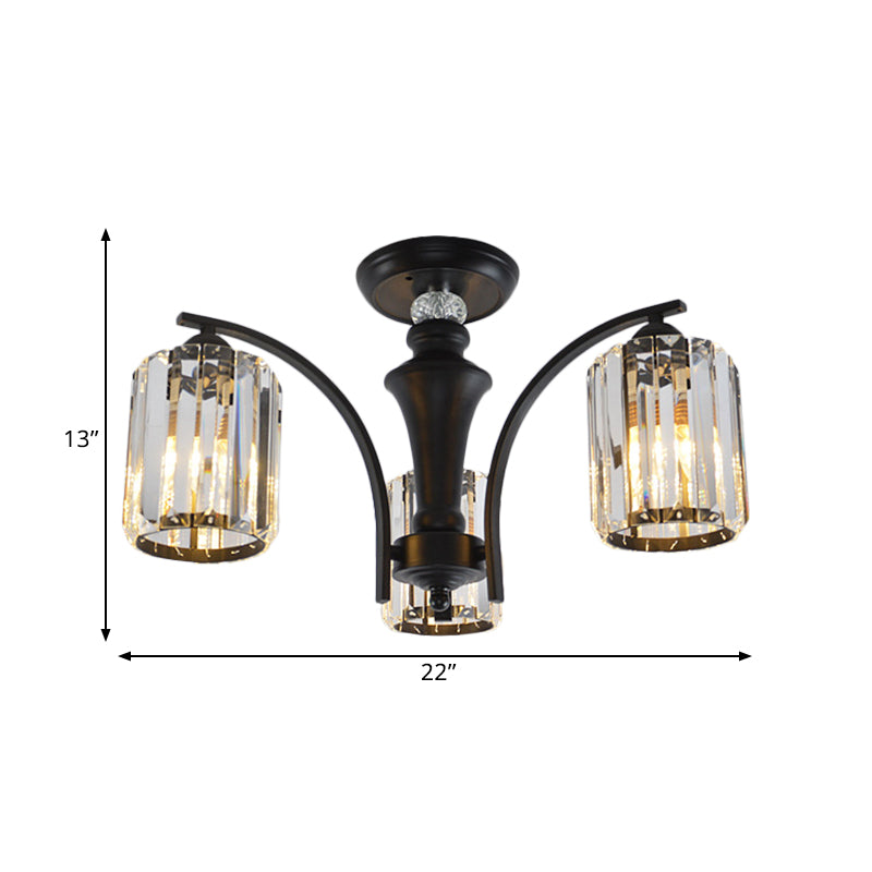 Semi Flush Clear Crystal Cylindrical Shade Light Fixture - 3/6 Bulbs, Modern Design, Black Ceiling