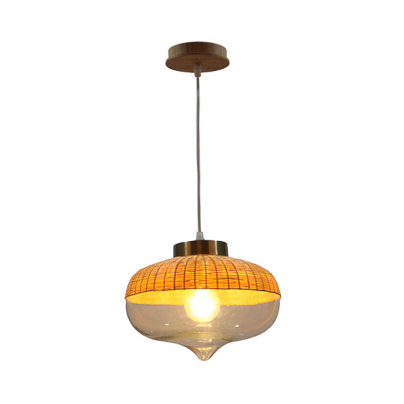 Modern Bamboo Hanging Pendant Light - 6"/10" Wide, Teardrop/Onion, Single Light, Yellow Suspension Lamp with Clear Glass Shade