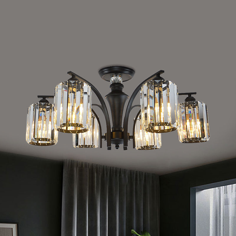 Semi Flush Clear Crystal Cylindrical Shade Light Fixture - 3/6 Bulbs, Modern Design, Black Ceiling