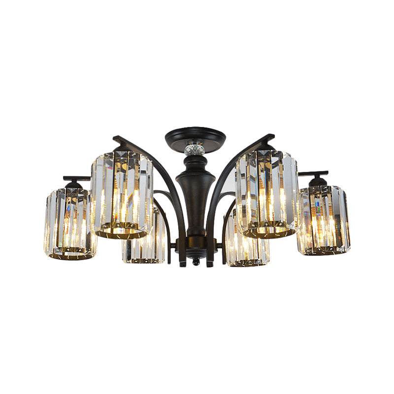 Semi Flush Clear Crystal Cylindrical Shade Light Fixture - 3/6 Bulbs, Modern Design, Black Ceiling