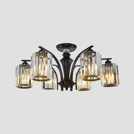 Semi Flush Clear Crystal Cylindrical Shade Light Fixture - 3/6 Bulbs, Modern Design, Black Ceiling