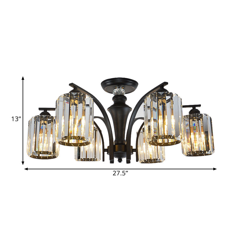 Semi Flush Clear Crystal Cylindrical Shade Light Fixture - 3/6 Bulbs, Modern Design, Black Ceiling