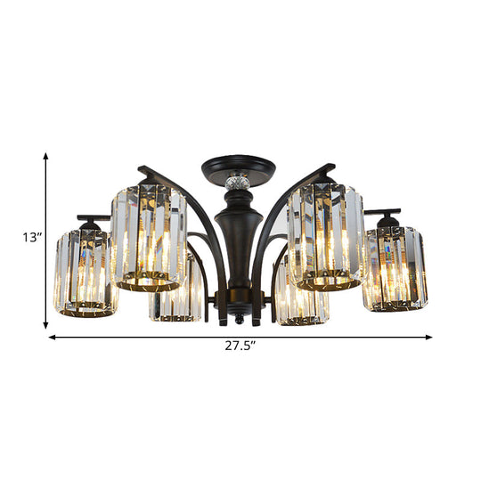 Semi Flush Clear Crystal Cylindrical Shade Light Fixture - 3/6 Bulbs, Modern Design, Black Ceiling