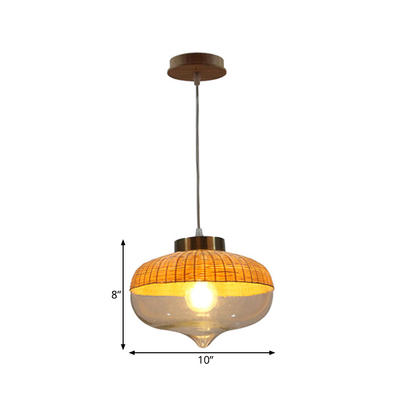 Modern Bamboo Hanging Pendant Light - 6"/10" Wide, Teardrop/Onion, Single Light, Yellow Suspension Lamp with Clear Glass Shade