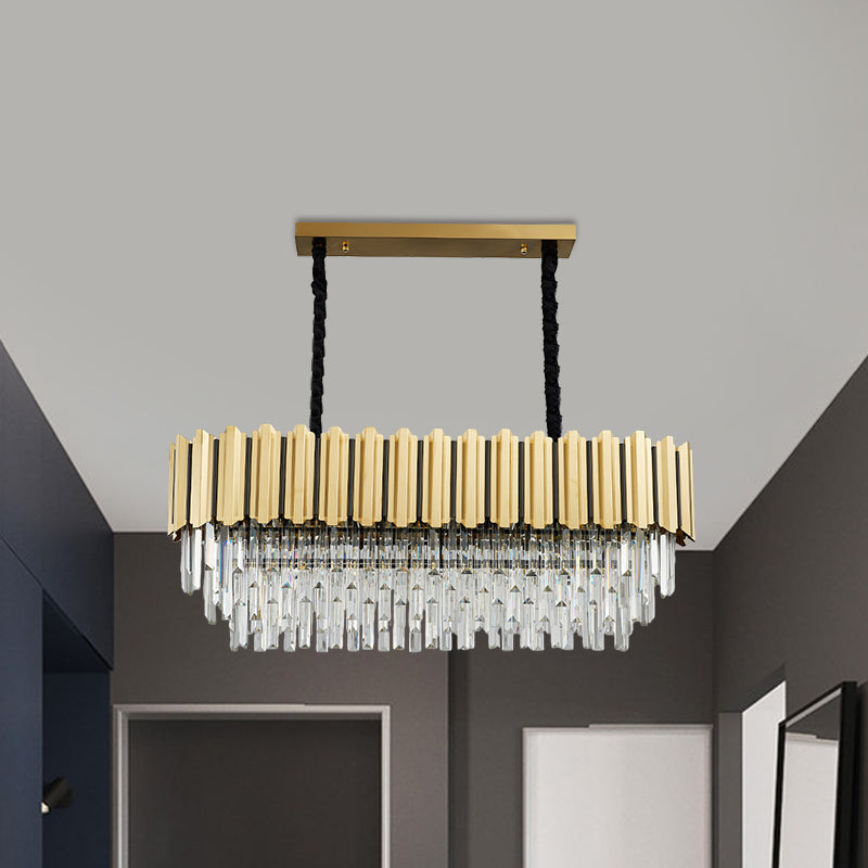 Modern Crystal Gold Finish Pendant Light With Prismatic Oval Design - 10 Heads Island Style