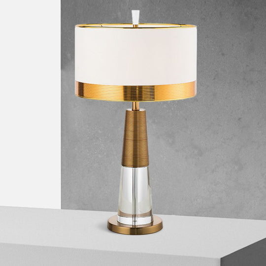 Contemporary White Table Lamp With Crystal Base - Drum Fabric Shade Nightstand Light