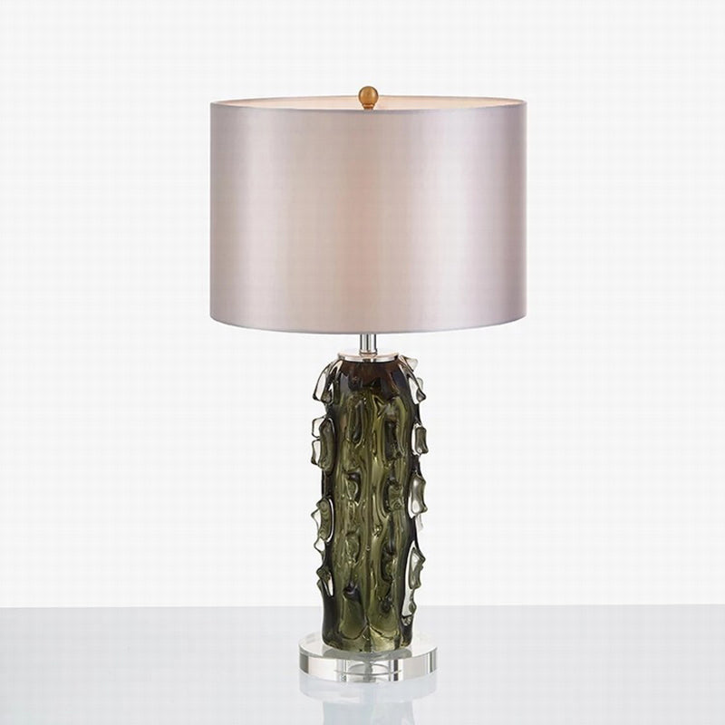 Modern Pale Barrel Fabric Shade Table Lamp With Embossed Crystal Column - Dark Gray