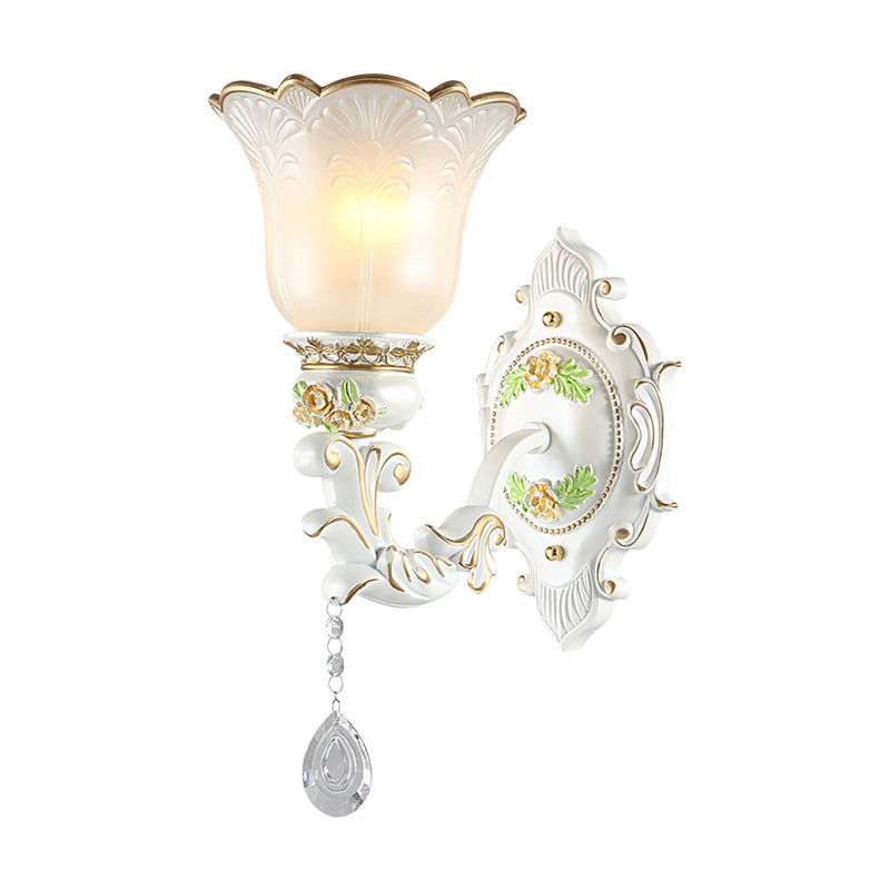 Vintage White Glass Bellflower Sconce With Crystal Drop - 1/2-Light Wall Mount Fixture