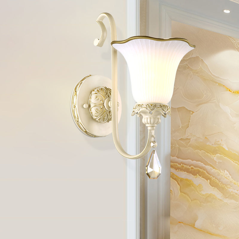 Antiqued Morning Glory Opaline Glass White Wall Sconce Light