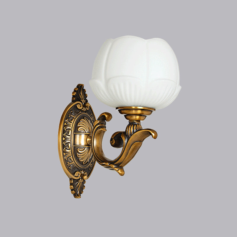 Antiqued Brass Flower Bud Milk Glass Wall Lamp - 1-Head Bedroom Sconce